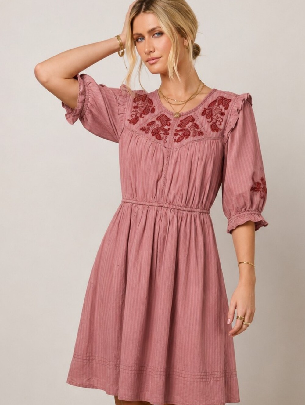 Bohme Embroidered Boho Midi Dress Cottage Core 100% Cotton Sz Sm 3/4 Sleeve